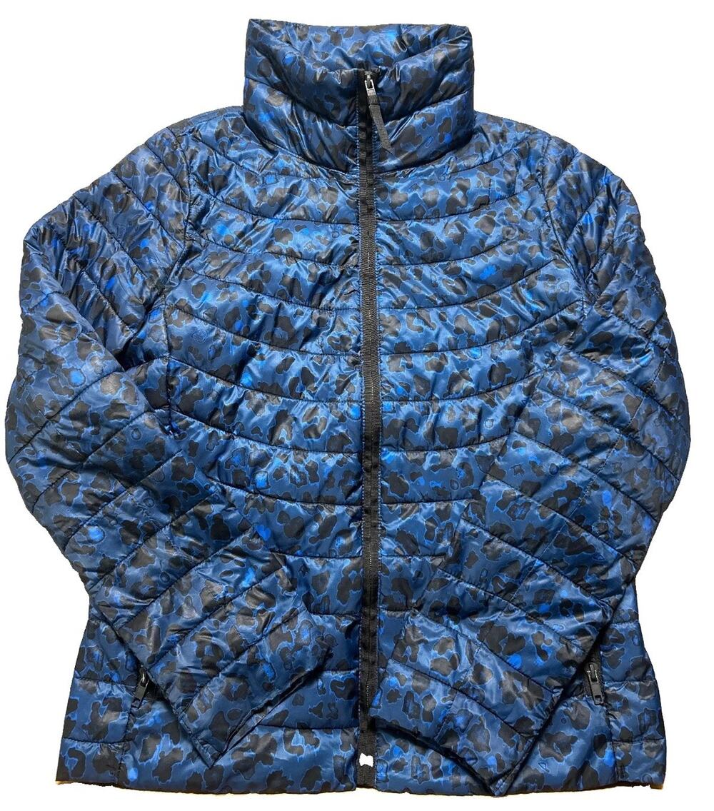 Gap Upcycled Puffer Jacket Womens Small Blue Leopard PrimaLoft Packable Coat